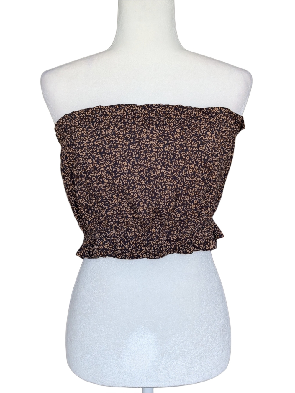 American Eagle Brown Black Floral Strapless Smocked Crop Tube Top Size Medium
